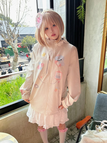 Kawaii Yami Windbreaker Beige Print Jacket Doctor Cat Hood Drawstring with