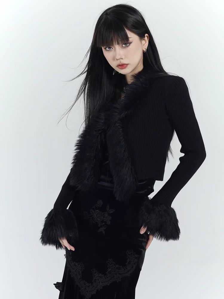 Gothic Schwarzer V-Ausschnitt Plüschbesatz Eng anliegender Strickpullover