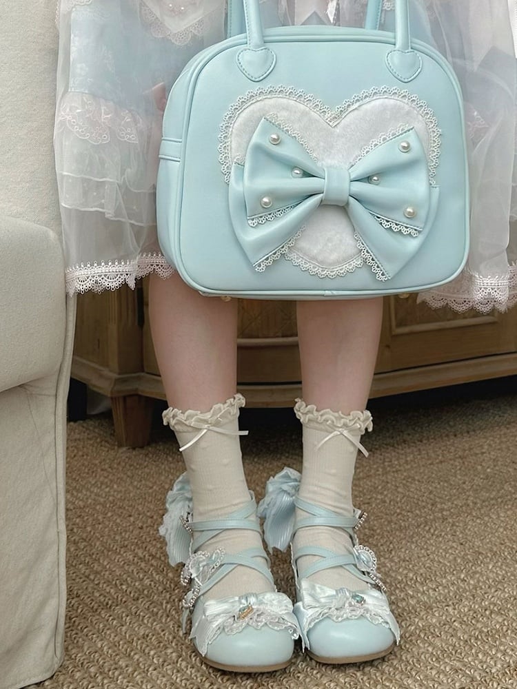 Bowknot-Träger Herz-Block-Design 5CM Heels Kreuzmuster Süße Schnalle Details Schuhe Lolita Blau