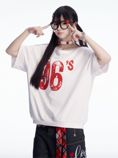 ヴィンテージナンバープリント ホワイト アシンメトリーネックライン Tシャツ