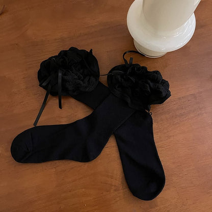 Ribbon Ruffle Decoration White/Black/Brown with Bow Socks Puffy Lolita