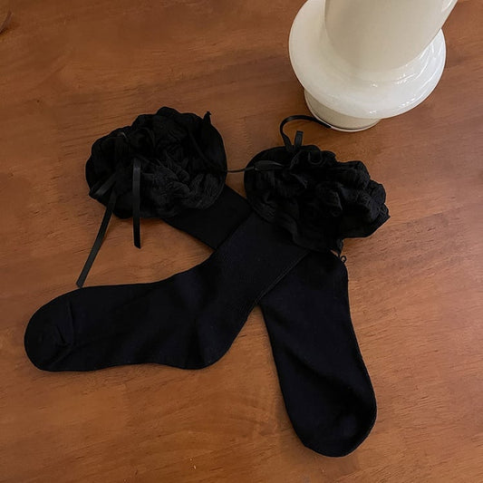 Ribbon Ruffle Decoration White/Black/Brown with Bow Socks Puffy Lolita