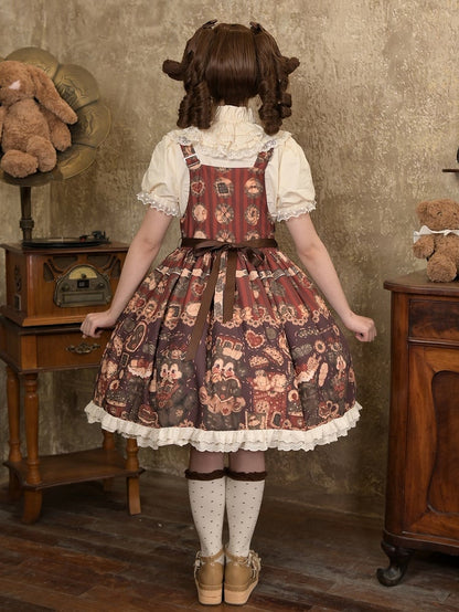 Brown Sweet Reddish Cookies and Overall Dress Print Puppy Furry Lolita