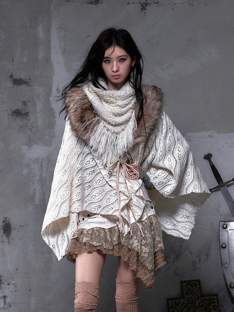 with Punk Y2K Hem Cape Collar Fur Shawl Handkerchief Knit Faux Beige Vintage