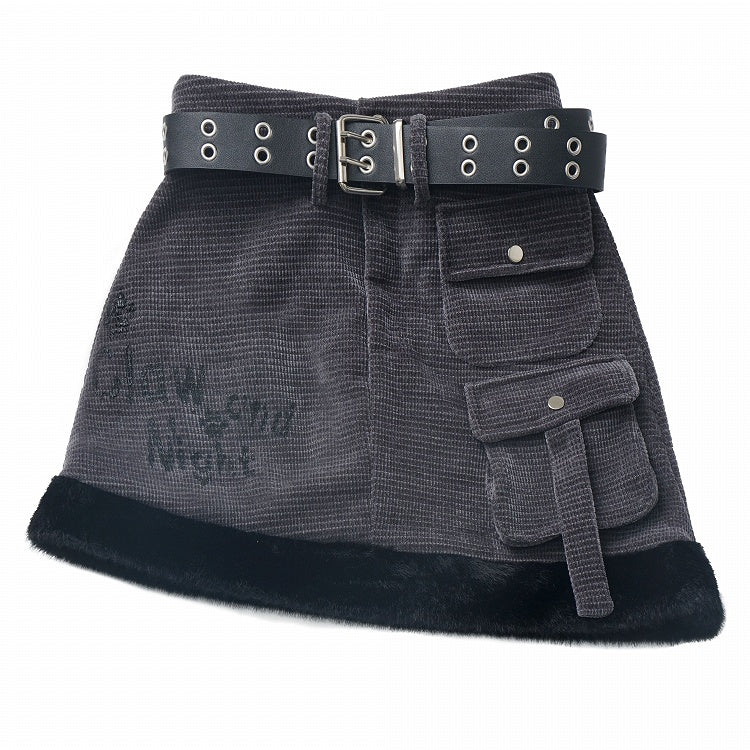 Gray Cargo Plush Detail Skirt Dark with Asymmetrical and Hem Pockets