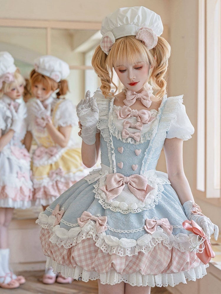 Light Blue Sweet Bow Faux Two-Piece Short Sleeve Lolita OP Dress with Apron - Asleep Townlet
