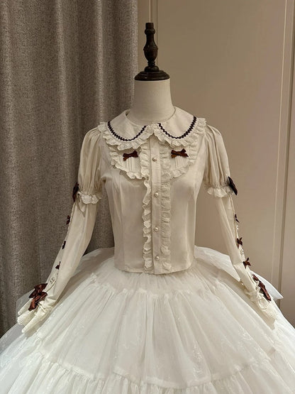 and Lolita Ruffled Pan Peter with Detachable Accents Brown Sleeves Collar Bow Blouse Beige