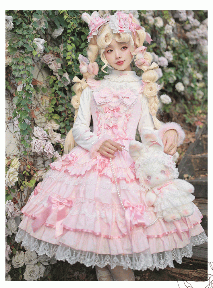 Rockärmel Pullover Old School Lolita Baumwolle Flatterrosa Kleid Schnürung Taille Spitzenbesatz