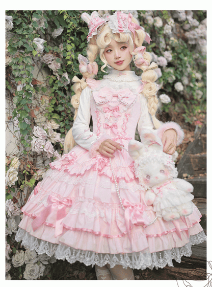 Rockärmel Pullover Old School Lolita Baumwolle Flatterrosa Kleid Schnürung Taille Spitzenbesatz