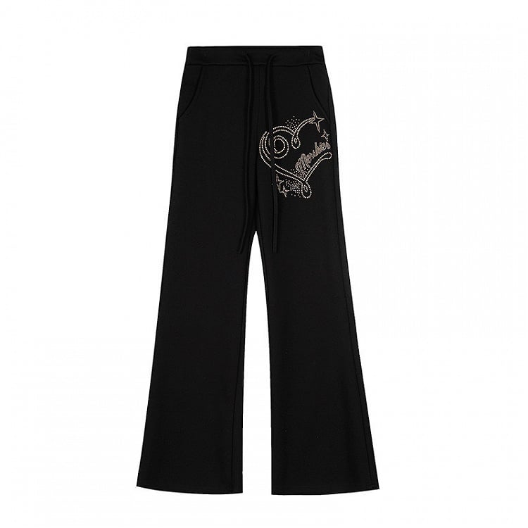 in Pants Black Drawstring Waist Accents with Flared Rhinestone