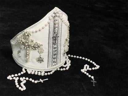 Mitra-Kreuz verzierte Perlenkette weiß mit päpstlicher Perle