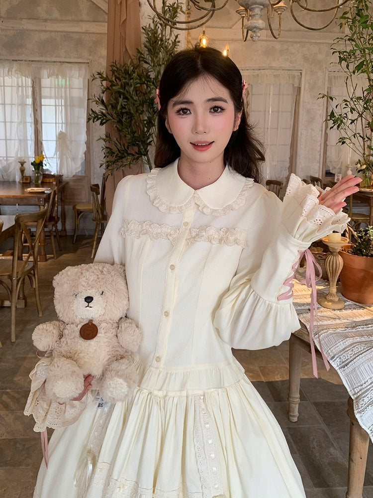 Lace-up Cuff Long Sleeve Blouse Lace Bow - Lan Jian Chuan