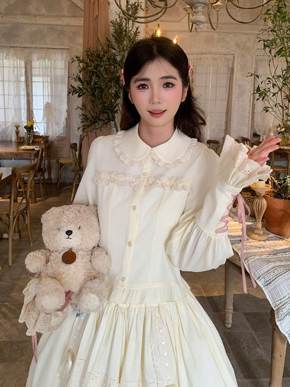 Lace-up Cuff Long Sleeve Blouse Lace Bow - Lan Jian Chuan