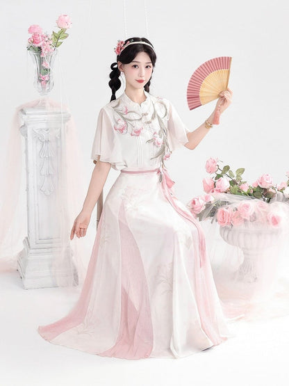 White and Pink Chinese Floral Embroidered Capelet with Chiffon Top and Skirt - Unknown Star