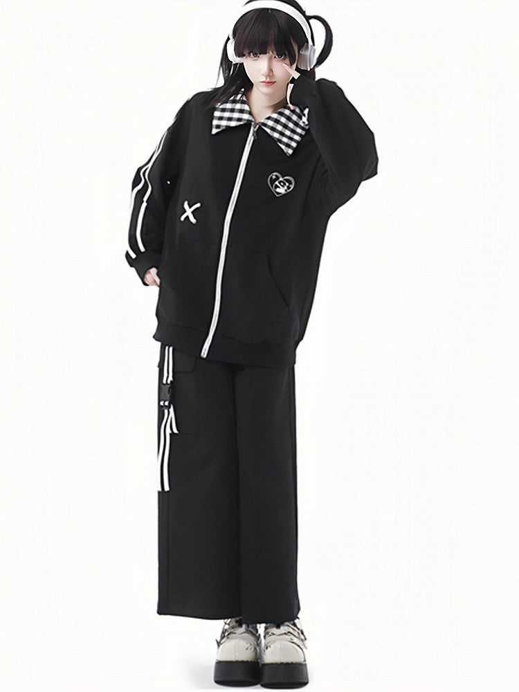 Black Elastic Waist Wide-leg Cut Pants