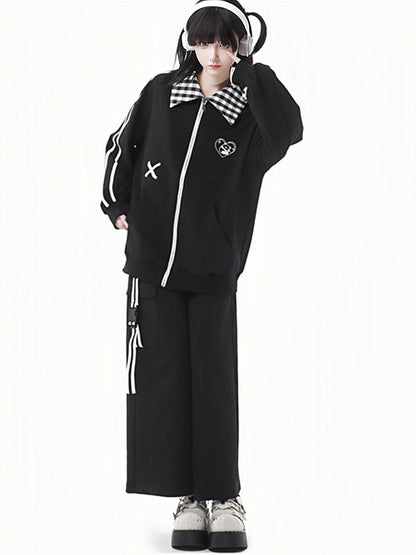 Black Elastic Waist Wide-leg Cut Pants