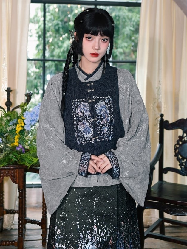 Gray - Blouse Style on Pipa Chinese Mandarin Sleeve with Cuffs Embroidery Collar Goldfish