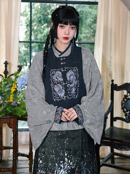 Gray - Blouse Style on Pipa Chinese Mandarin Sleeve with Cuffs Embroidery Collar Goldfish