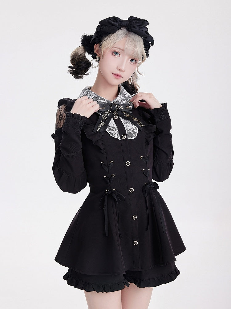 Shoulder Long Ruffle Jirai Hem Ensemble: Sleeve Black Cold Shorts Kei Top