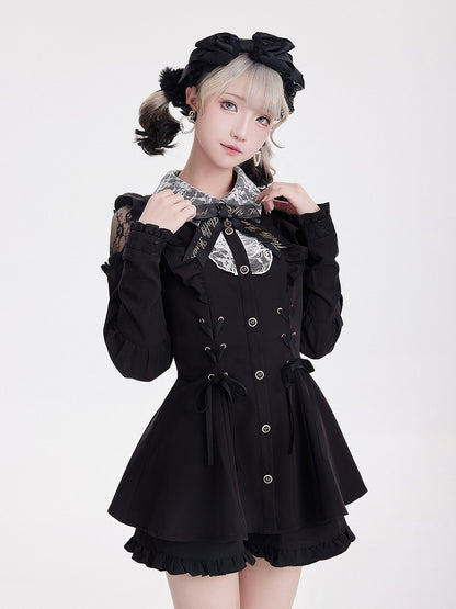 Shoulder Long Ruffle Jirai Hem Ensemble: Sleeve Black Cold Shorts Kei Top