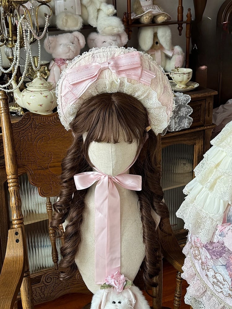 Pink Bow Sweet Bonnet Lolita Lace-trimmed with Beige