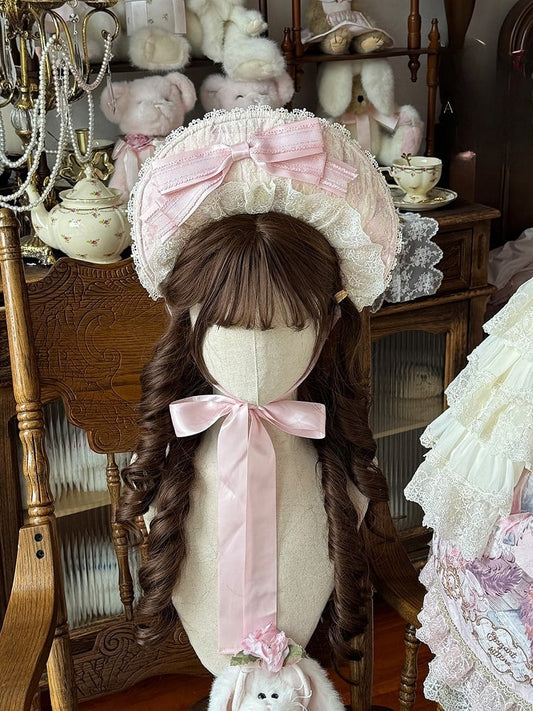 Pink Bow Sweet Bonnet Lolita Lace-trimmed with Beige