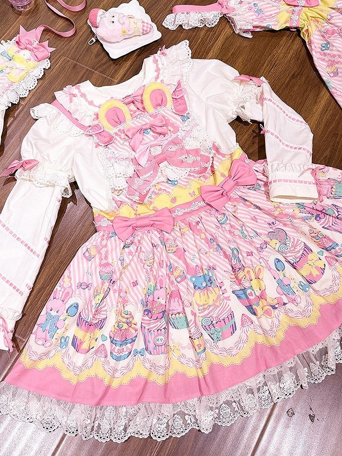 Bunny Cupcake Sweet Lolita Yellow Pink and Dress Overall Print