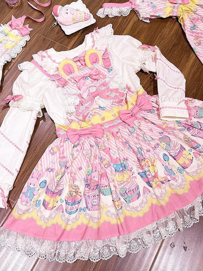 Bunny Cupcake Sweet Lolita Yellow Pink and Dress Overall Print