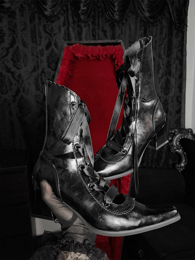 Polished Gothic Pointed-Toe Boots, Lace-Up & Back Zip, Black - EvilStar