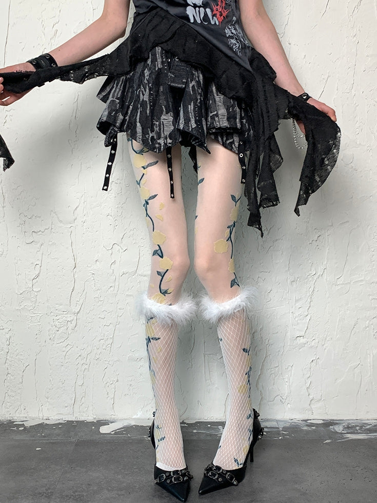 Y2K Floral White Pattern Tights