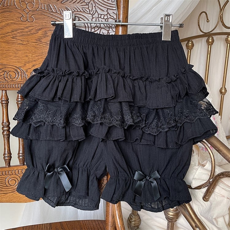 Black Ruffle Lace Bow Details Lolita Bloomers with Multi-Layer