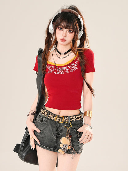 Neckline Asymmetrical Bittersweet Glamorous Letter Blue/Red