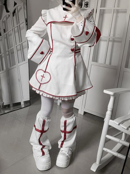 Maid Set: Halloween-themed Embroidery Buttons Cross Heart White Red Dress with + Kawaii Shorts Yami
