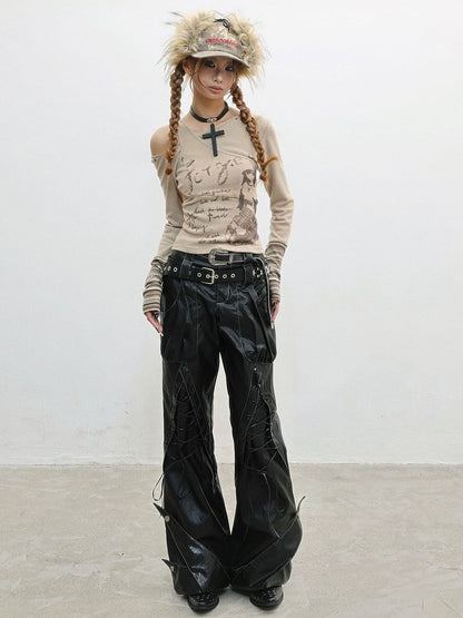 PU Punk Rock Black with Lace-Up Details Pants