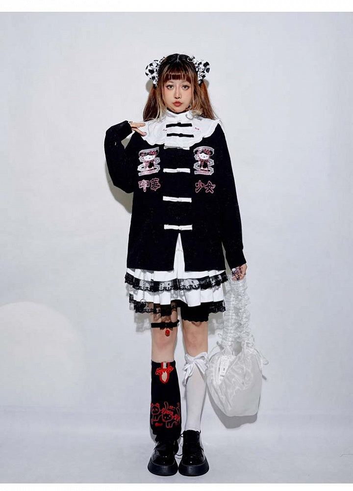 Schwarz/Blaues Jirai Kei-Oberteil mit langen Ärmeln und Kitty-Stehkragen