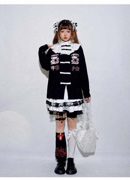 Schwarz/Blaues Jirai Kei-Oberteil mit langen Ärmeln und Kitty-Stehkragen