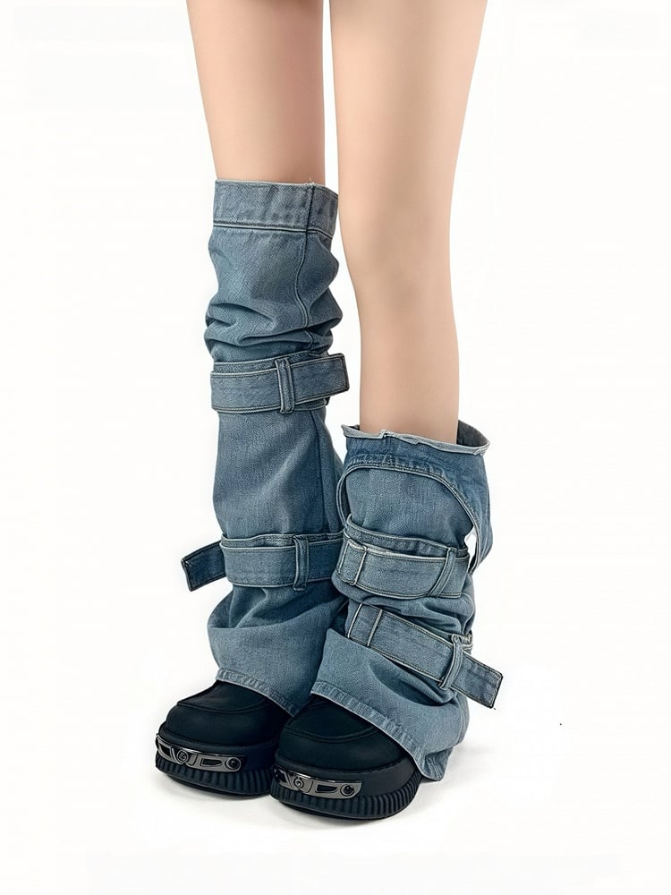 Warmers Style Y2K Asymmetric with Denim Straps Leg Design Blue Buckle