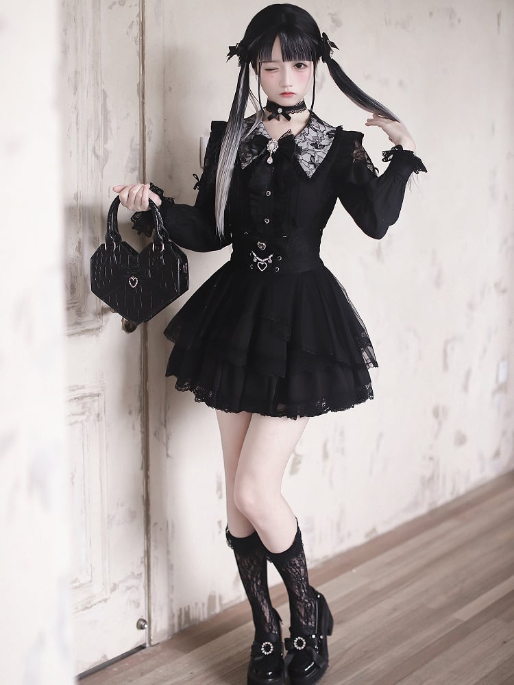 - Shoulders Blouse Kei Jirai Collar Black Lace-Cutout Pointed Gothic Style with