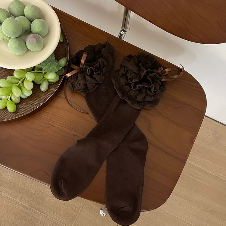 Ribbon Ruffle Decoration White/Black/Brown with Bow Socks Puffy Lolita