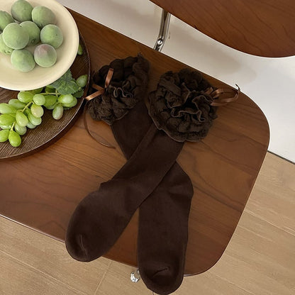 Ribbon Ruffle Decoration White/Black/Brown with Bow Socks Puffy Lolita