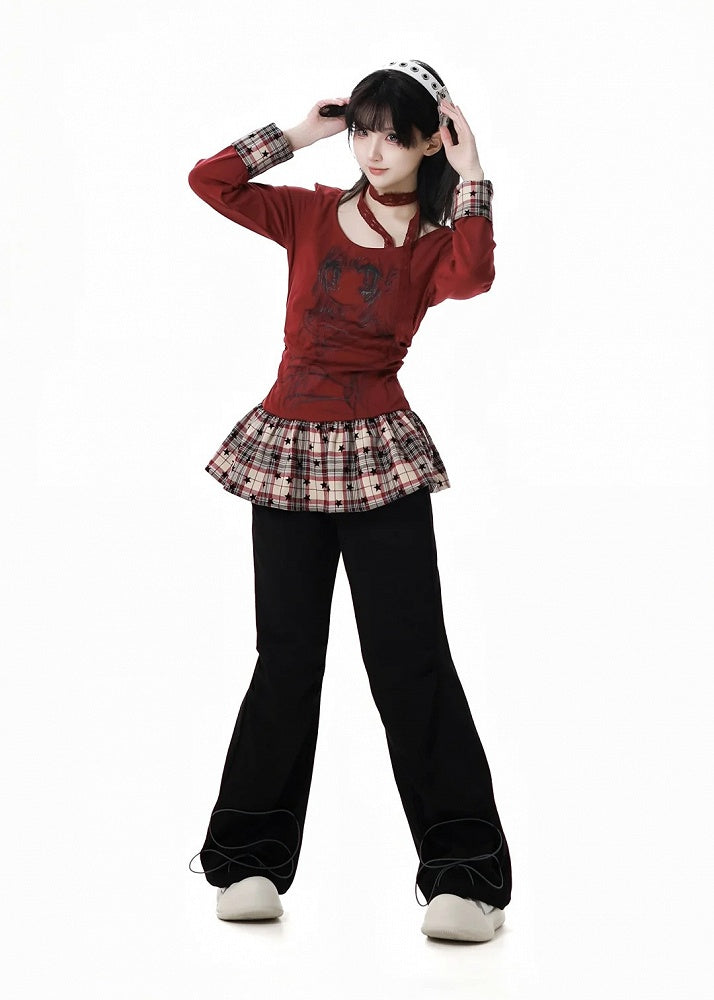 Pants Straight-leg Black/Gray Bittersweet Bone and Star Embroidery Cuffs Drawstring