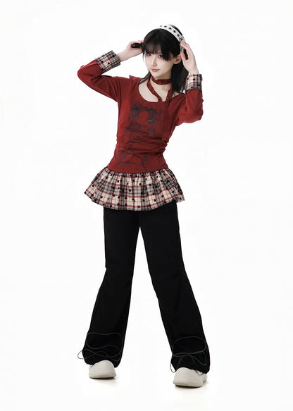 Pants Straight-leg Black/Gray Bittersweet Bone and Star Embroidery Cuffs Drawstring