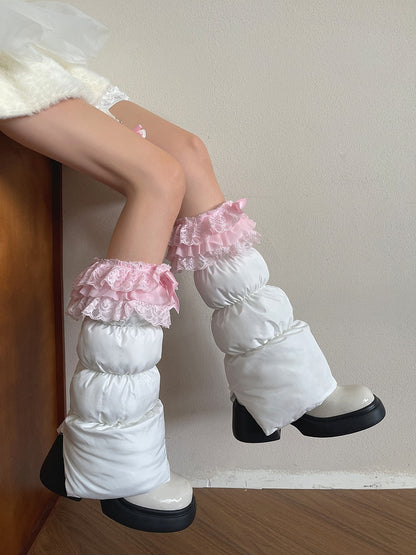Bowknot Leg Puffer with Warmers Trim Lace White/Pink and White