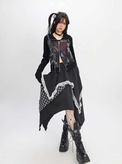 Hem Maxi Dress with Plaid  Stripe Patchwork and Lace Trim Black Handkerchief