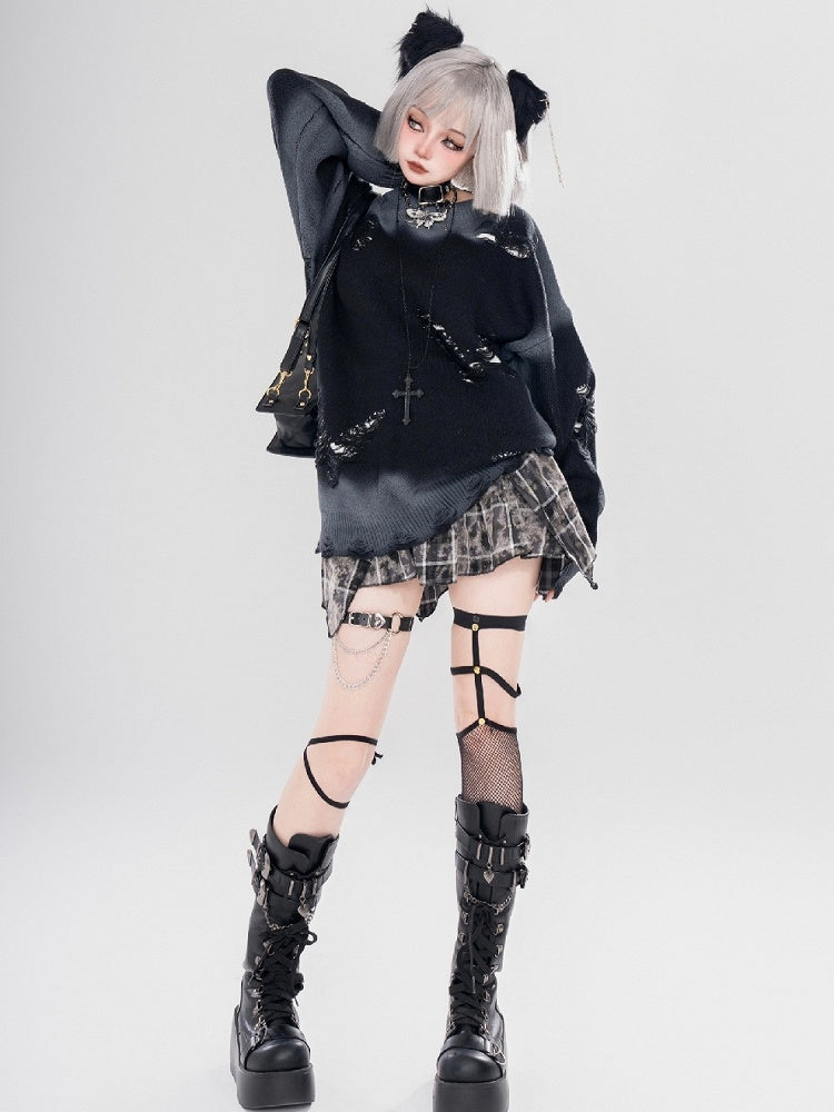 Y2K ブラック/グレー バタフライシェイプ ダメージ加工 ホールズ ラウンドネック セーター