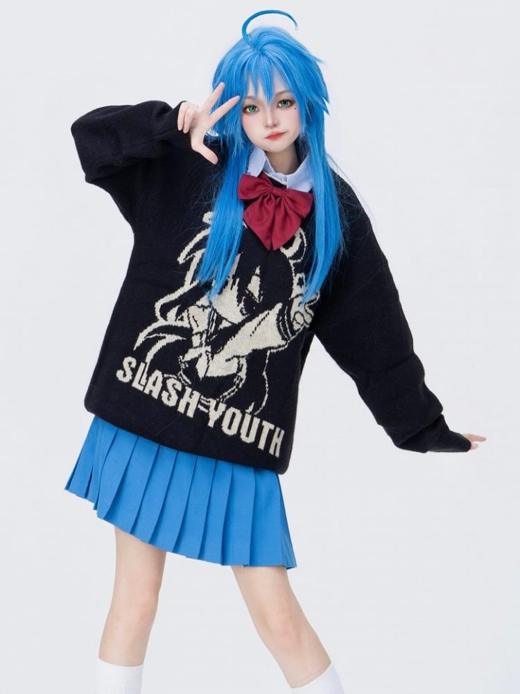 Cartoon Mädchen Strickpullover mit Print und Buchstaben in Schwarz