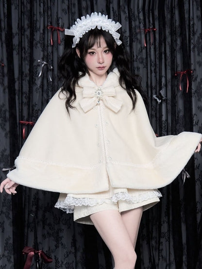 取り外し可能なジライケイぬいぐるみトリムミルクフード付きケープ、大きなリボン付きホワイト