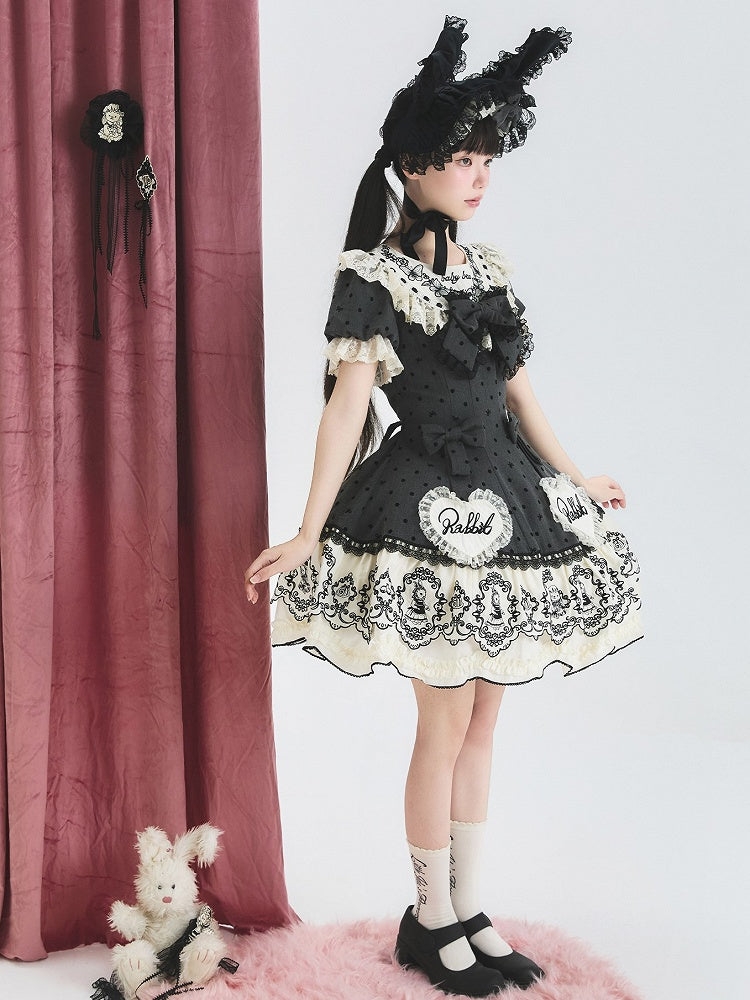 Gray Dot Sweet Lace-Trimmed Pattern Rabbit Dress Appliques with Polka Lolita Sweetheart