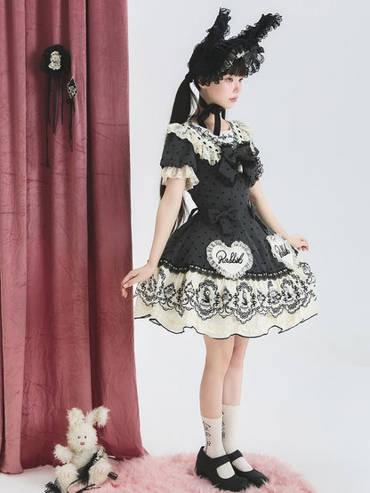 Gray Dot Sweet Lace-Trimmed Pattern Rabbit Dress Appliques with Polka Lolita Sweetheart