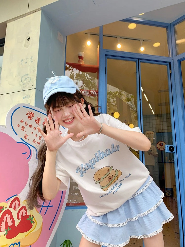 Neck White Round Long Capybara Burger Print T-Shirt Version